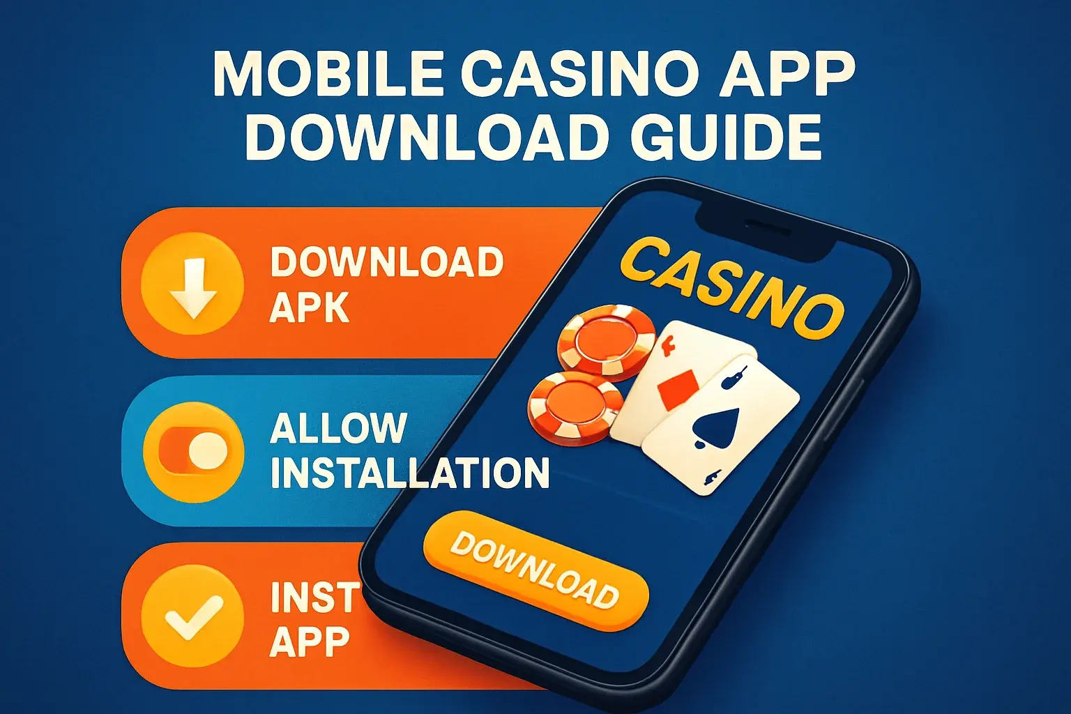Modern infographic showing Android phone with mobile casino APK installation steps