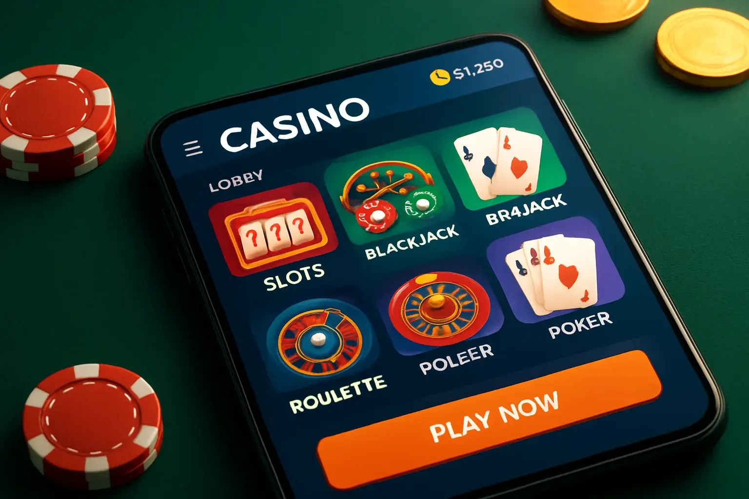 Android smartphone mockup showing casino mobile app game lobby interface