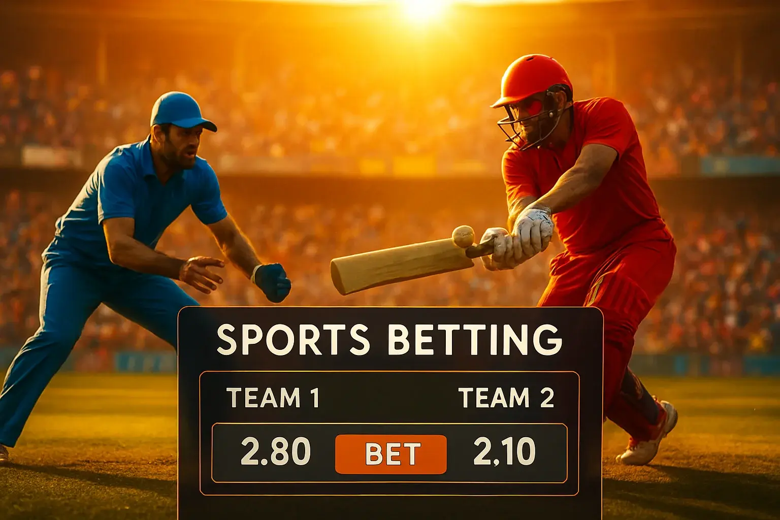 Sports betting banner with cricket action, stadium crowd, and betting interface