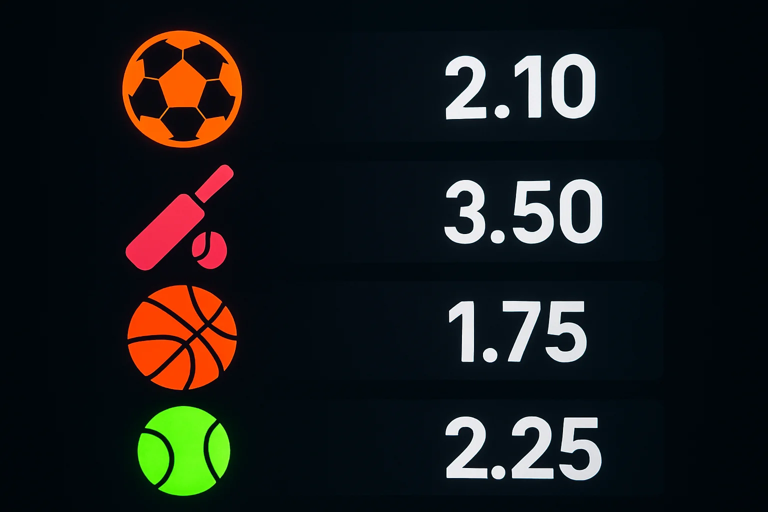 Sports betting markets display with football cricket basketball tennis odds