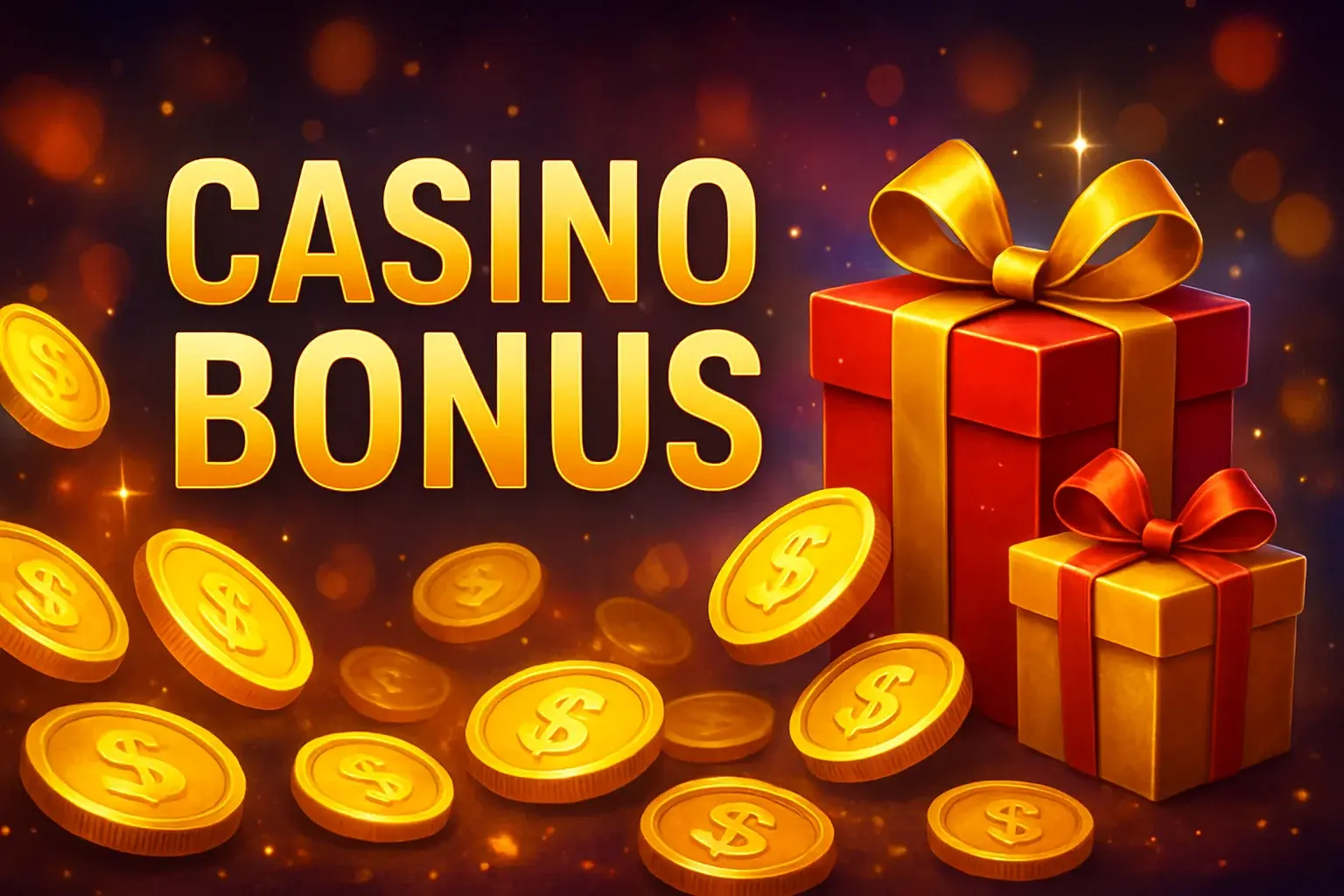 Casino bonus banner with golden coins, gift boxes, and sparkles