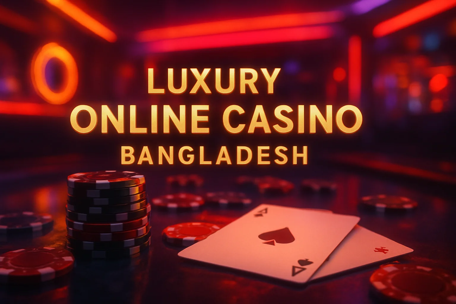 Luxury online casino hero banner with neon lights, chips and cards