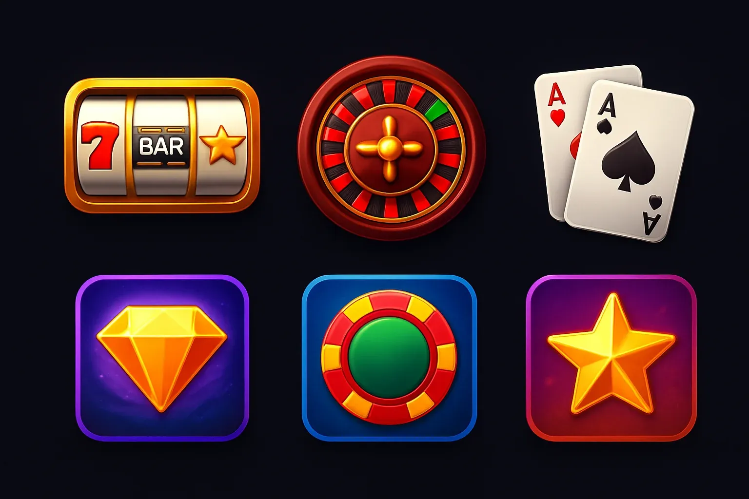 Popular casino game icons with slots, roulette, cards on dark background