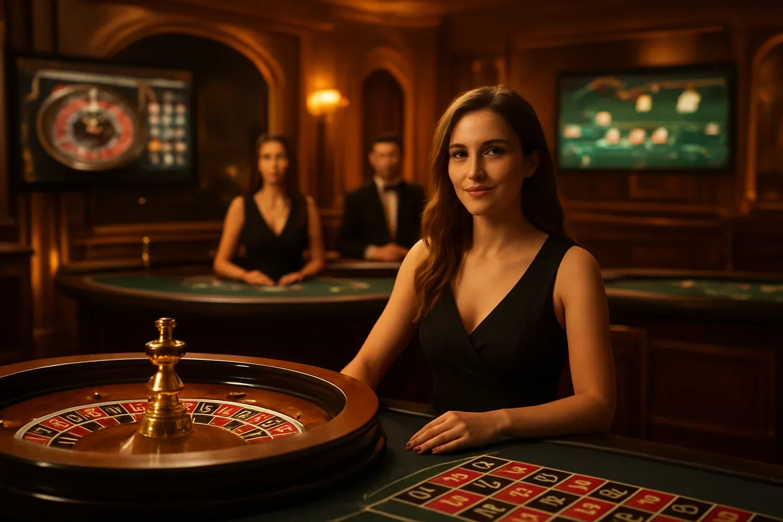 Elegant live casino studio with dealers, roulette and blackjack screens