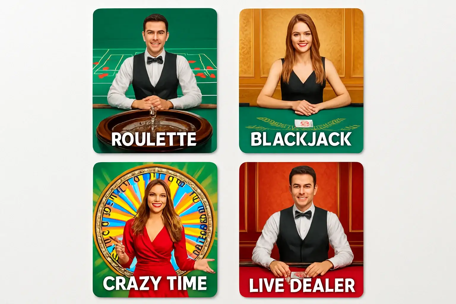 Live casino game cards with roulette, blackjack, Crazy Time, and dealer
