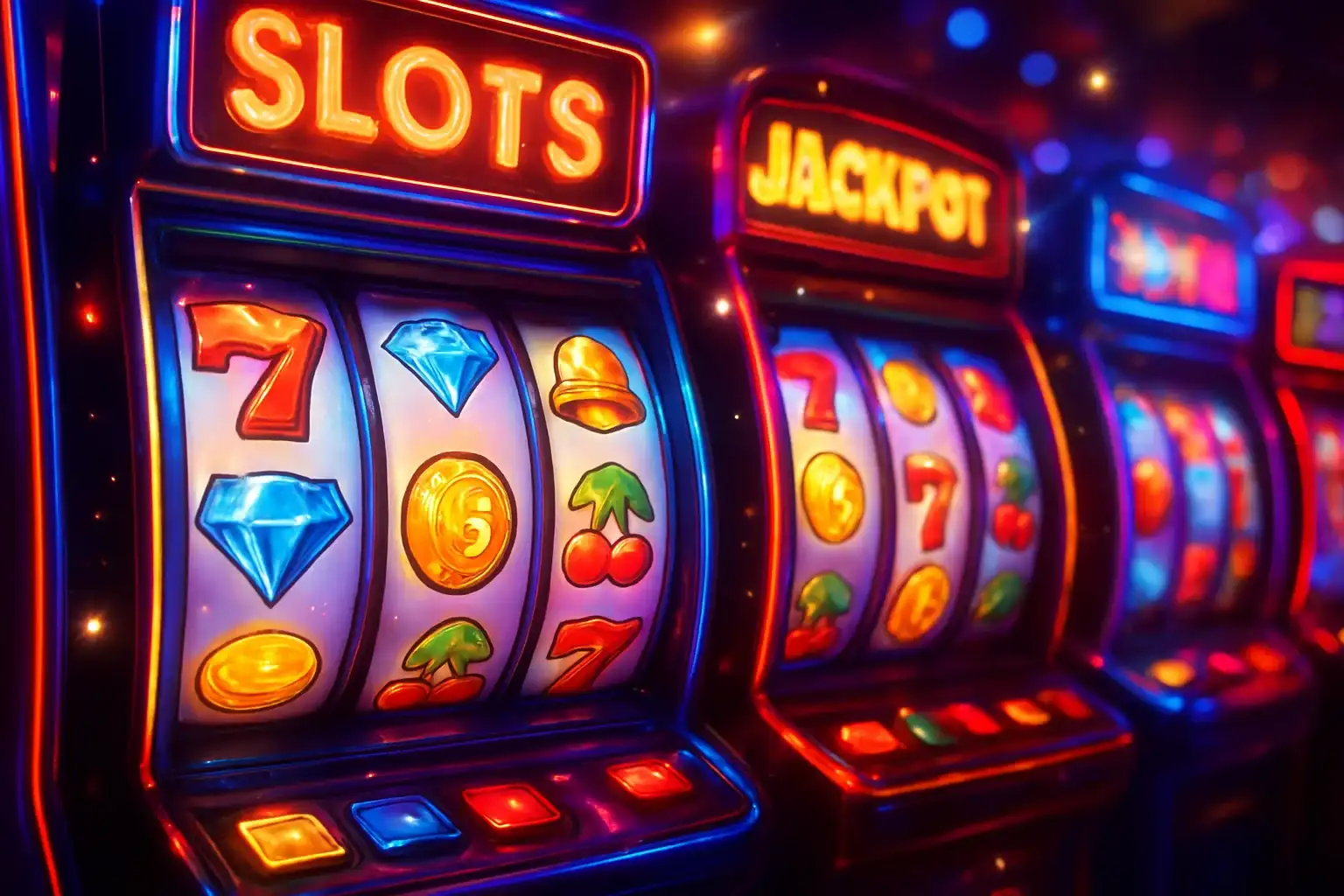 Colorful casino slot machines collage with coins, diamonds, sevens, and sparkles
