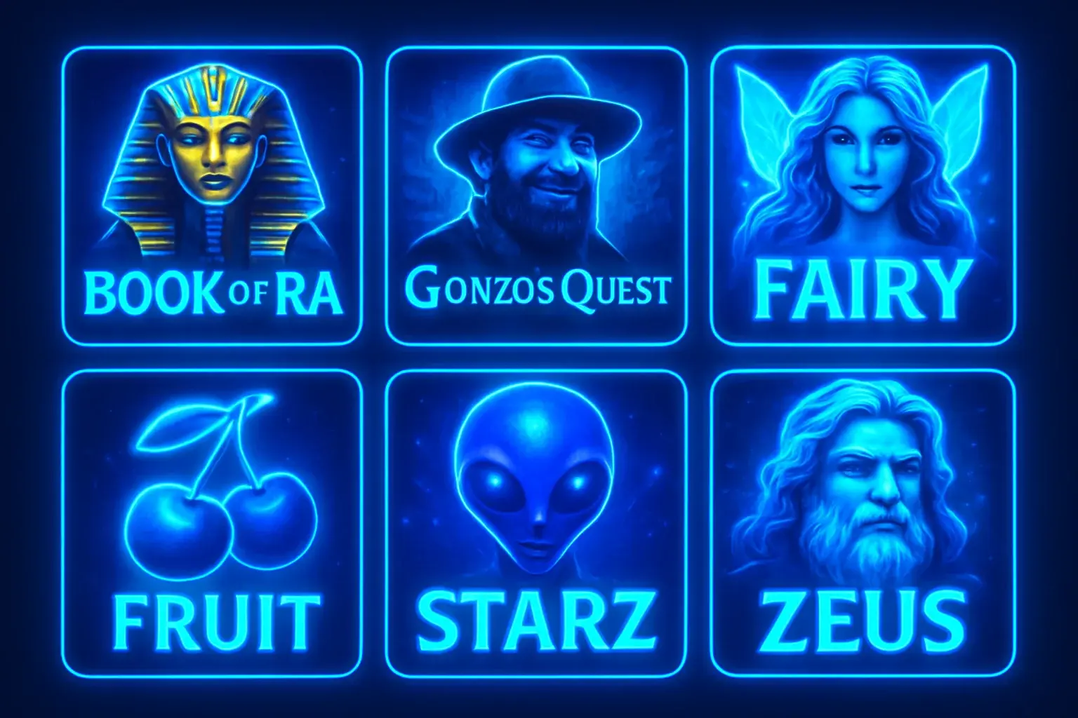 Grid of colorful slot game thumbnails with Egypt, fantasy, fruit, and sci-fi themes